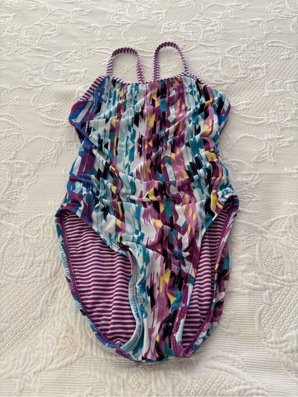 Dolfin Girls Purple Teal Yellow Patterned One-Piece Swimsuit